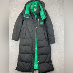 Ziai puffer coat extra long S/M black green hooded warm snow ice ready